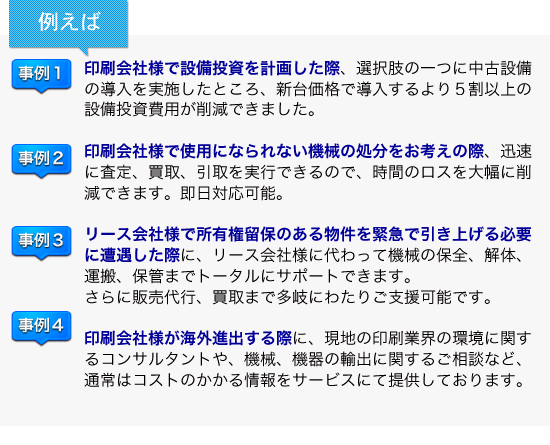 事例１：印刷会社様で設備投資を計画した際、選択肢の一つに中古設備の導入を実施したところ、新台価格で導入するより４割以上の設備投資費用が削減できました。
事例２：印刷会社様で使用になられない機械の処分をお考えの際、迅速に査定、買取、引取を実行でき、時間のロスを大幅に削減できます。即日対応可能です。事例３：リース会社様で所有権留保のある物件を緊急で引き上げする必要に遭遇した際に、リース会社様に代わって機械の保全、解体、運搬、保管までトータルにサポートできます。さらに販売代行、買取まで多岐にわたりご支援可能です。事例４：印刷会社様が海外進出する際に、現地の印刷業界の環境に関するコンサルタントや、機械、機器の輸出に関するご相談など、通常はコストのかかる情報をサービスにて提供しております。
